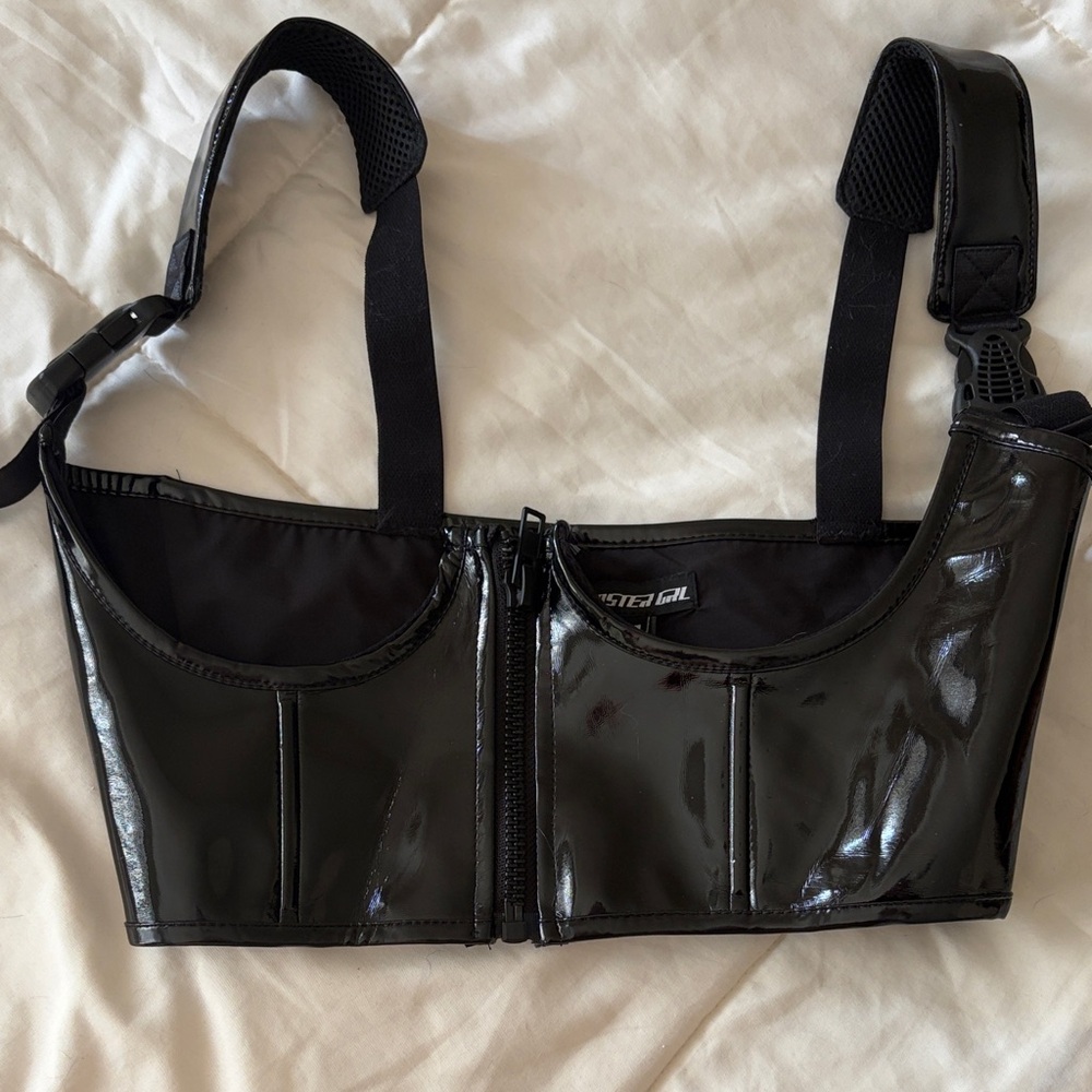 Dolls Kill Black Patent Front Zip Bustier Bra